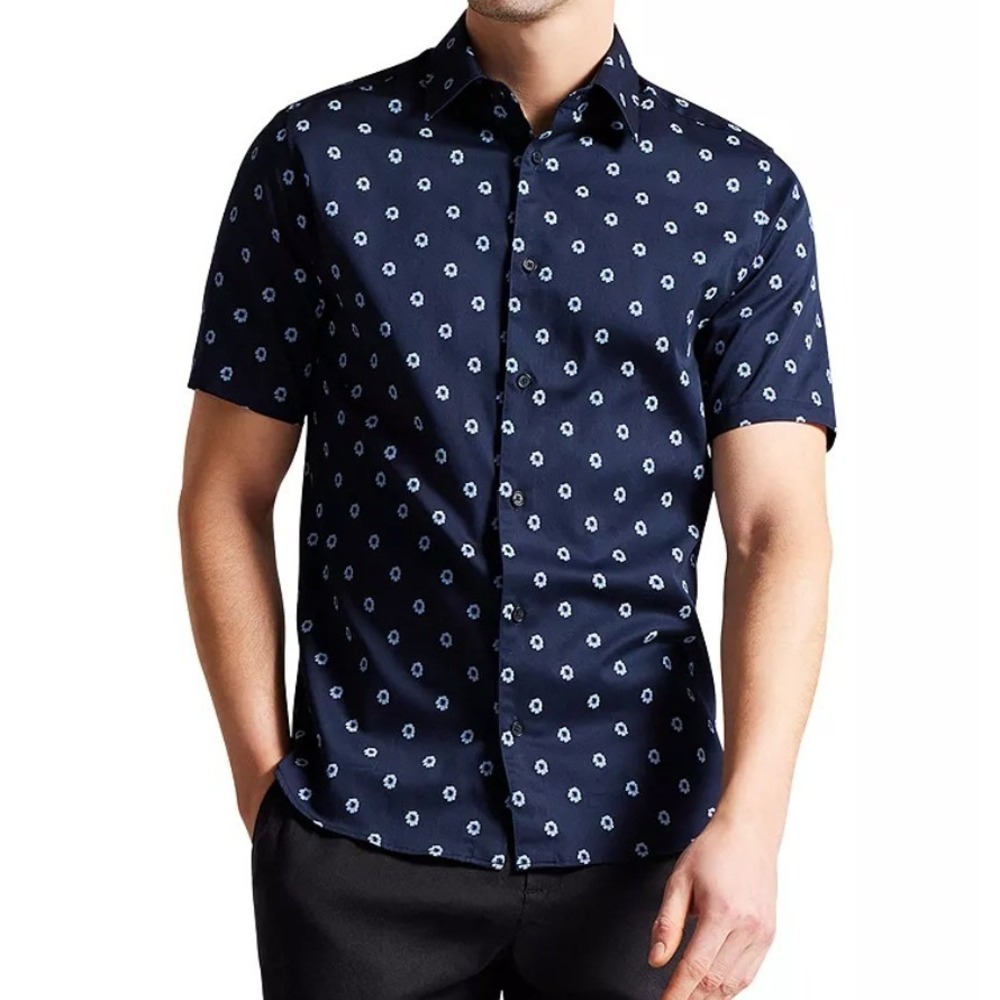 Ted Baker Kymsho Short Sleeve Ditsy Floral Shirt Size 5 Slim Fit XL Navy‎ - Picture 7 of 7